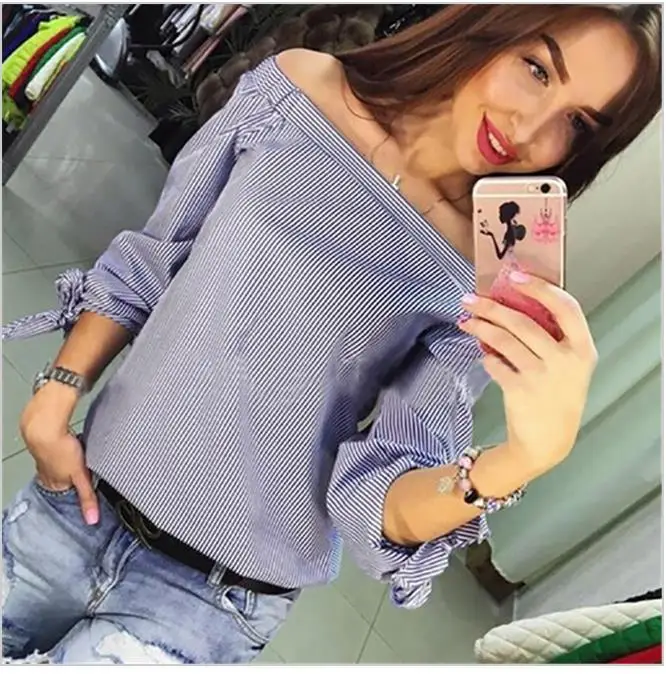  8008 # Horizontal Neck off-Shoulder Shirt Korean-style Exposed Shoulder Blue with Long Sleeves Vert