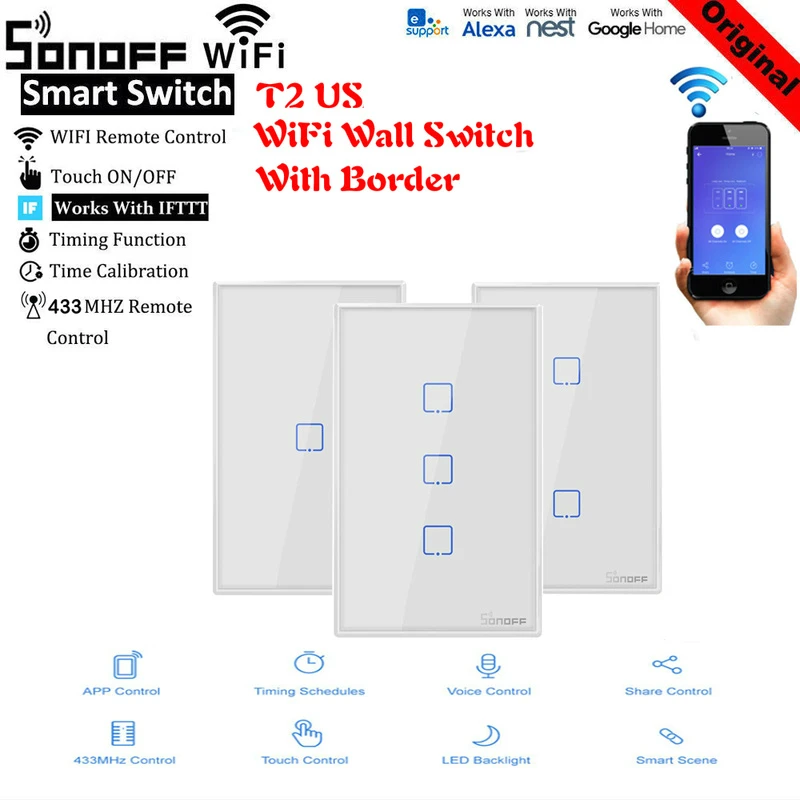 

Sonoff T1 T2 T3 Smart Wifi Wall Light Switch Touch/WiFi/RF/APP Remote Smart Home Wall Touch Lamp Switch with Alexa Google Home