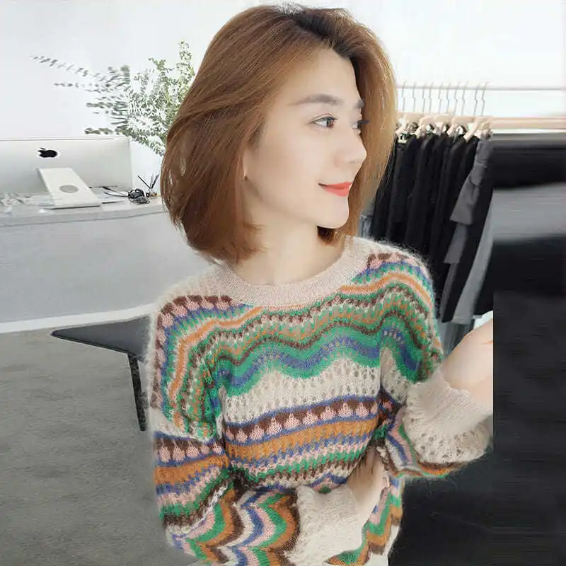 

Spring and summer new women's color matching hollow out loose foreign style sweater thin girls' top