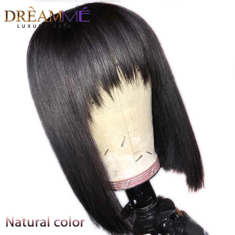 natural black 150% Синтетические волосы на кружеве парики из натуральных волос с Африканской структурой, серый блонд розовый короткий боб парики с челкой Реми бразильские прямые волосы с эффектом деграде(переход от 13X6 Синтетические волосы на кружеве парик м - Цвет: natural black