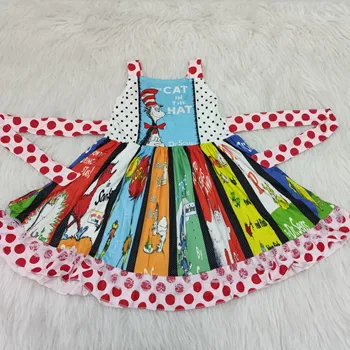 

Hot Sale cute cat print panel twirl dresses baby girls dress designs