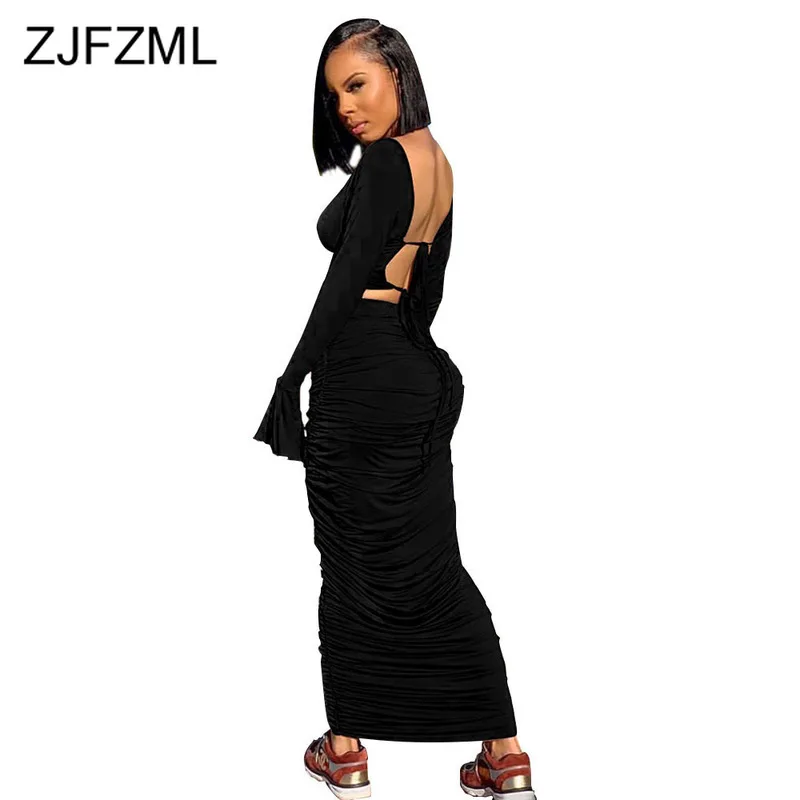 

Slash Neck Back Tie Up Sexy Long Dress Women Flare Sleeve Drawstring Ruched Bodycon Dress Elagant Empire Skinny Ladies Dresses