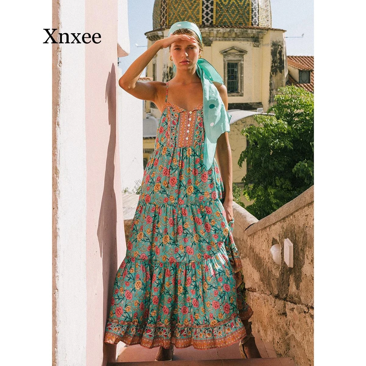 green boho maxi dress