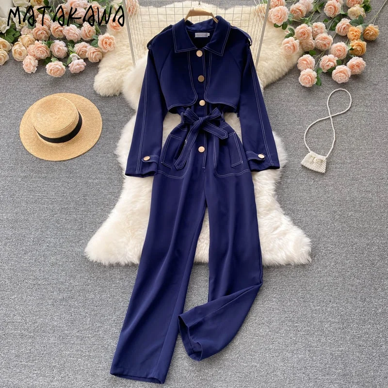 Matakawa Combinaison Femme Vintage Safari Style Overalls for Women Square Collar Lace Up High Waist Wide Leg Pants Bodysuit |