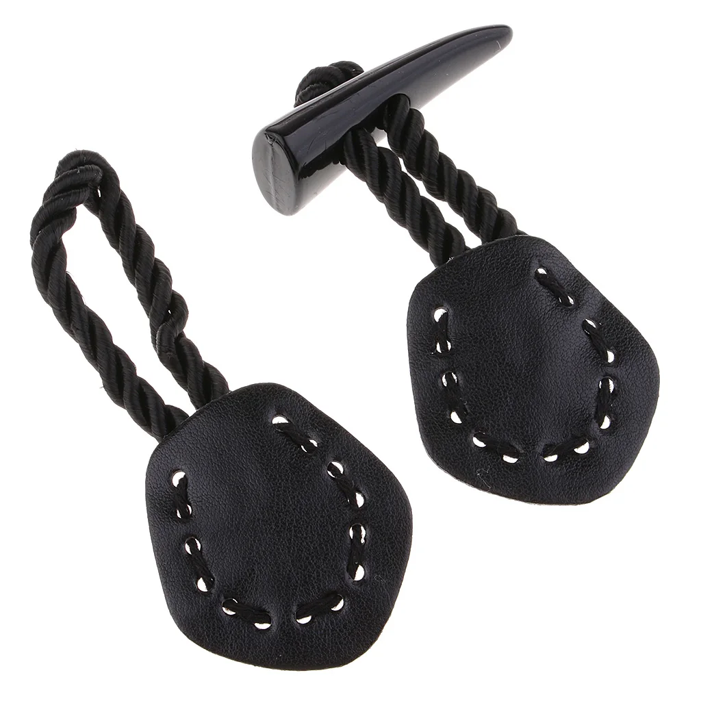 Pair Vintage PU Leather Duffle Horn Toggle Button For Craft Jacket Coat with Stitching Holes, Easy to Sew