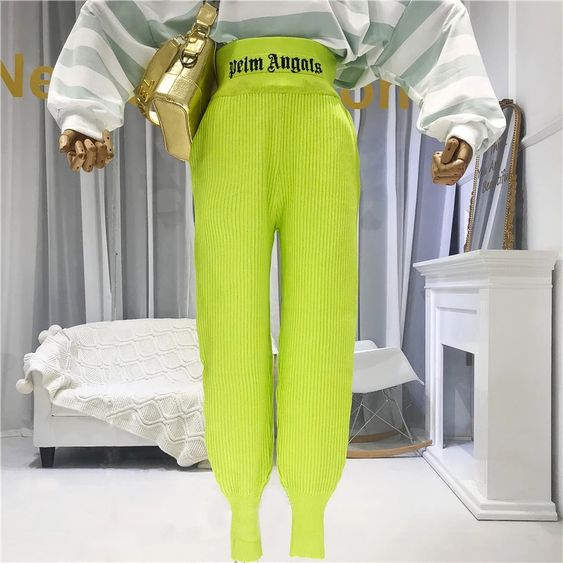 

2019 Fall Fashion Knitted Trousers Women High Street Elastic High Waist Full Length Letter Pants Pantalones Mujer Cintura Alta