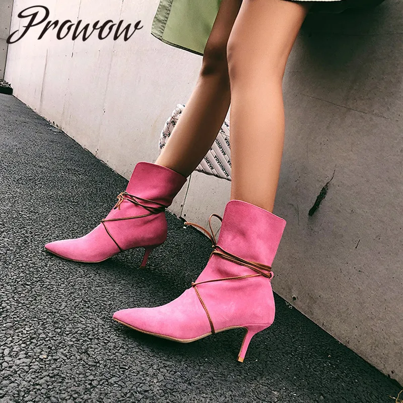 

Prowow New Genuine Leather Lace Up Ankle Boots Sexy Pointed Toe High Heel Fashion Boots Shoes Women