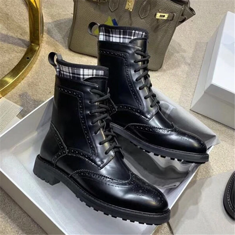 

Brand Desing Ankle Boots Women Cross-tied Winter Shoes Woman Black Leather Motorcycle Booties Lace Up Botas Mujer Invierno 2019
