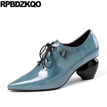 

genuine leather 2019 plus size elegant women shoes pumps lace up patent novelty pointed toe 10 42 unique high heels blue block