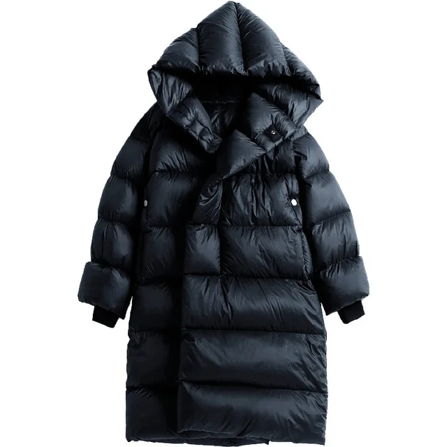 Зимние, высокие сапоги большого размера пушистые 95% пуховик женский большой маятник над коленом утепленное пальто, дутая куртка с капюшоном куртка-пуховик F135