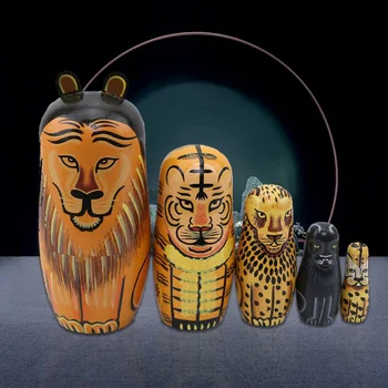 

5pcs Hand Painted Craft Matryoshka Kids Adult Animals Stacking Souvenir Russian Nesting Dolls Wooden Toy Home Decoration Cute