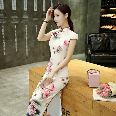 SHENG COCO Женские Элегантные платья Чонсам длинные шелковые Qipao банкетные китайские косой Qi розовые традиционные китайские платья - Цвет: 1962