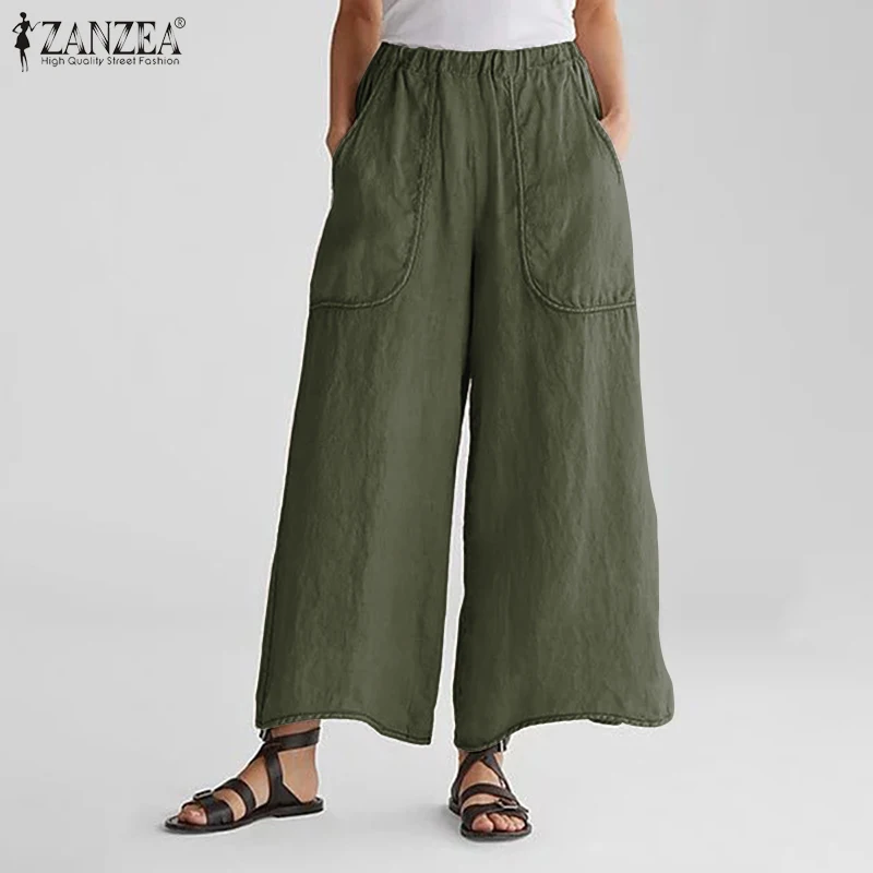 ZANZEA Women Wide Leg Long Trousers Casual Loose Elastic Waist Pockets Fashion Pants Plus Size Streetwear Pantalones Bottom