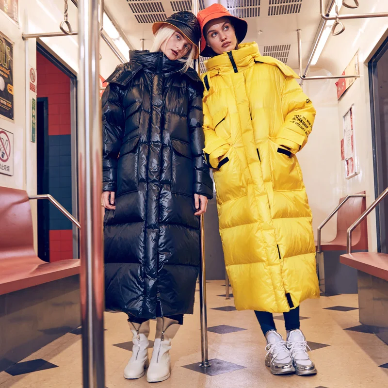 

Original Design AIGYPTOS Women Winter Super Thick Warm Hooded X-Long Waterproof Shiny White Goose Down Jacket Bubble Coat