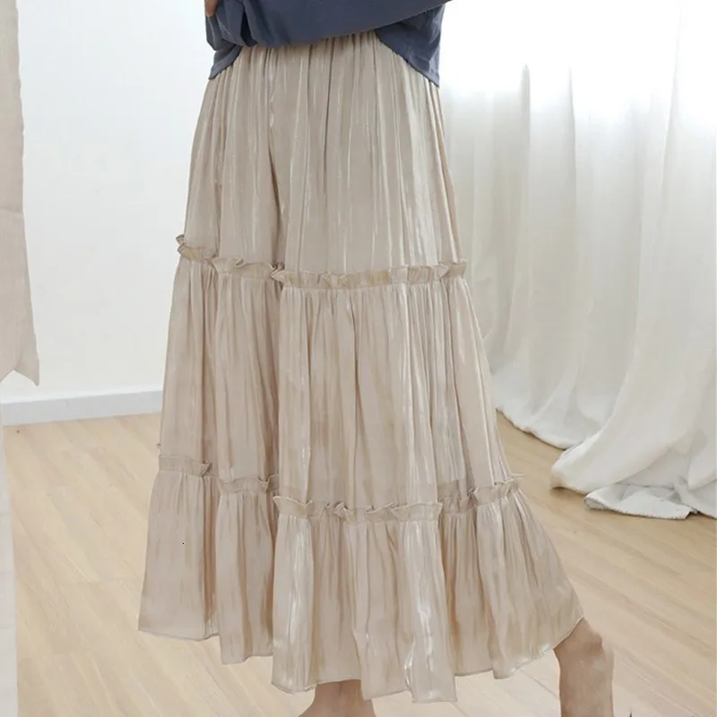 Spring Summer Solid Blue White Cake Layered Skirts Sweet Ruffles Chiffon Pleated Long Skirts High Waist A-Line Skirts