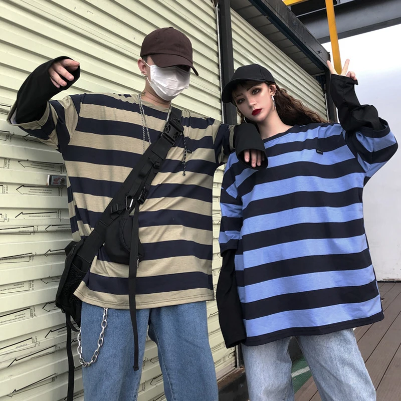 Woherb Harajuku футболка для женщин и мужчин в полоску Топы пэчворк Поддельные 2 шт. свободная футболка с длинным рукавом корейская модная футболка уличная одежда