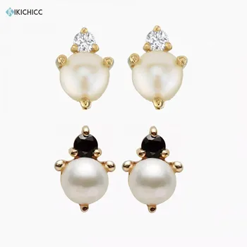 

Kikichicc 925 Sterling Silver Pearl Stud Earring Mini Crystal CZ Zircon Gemstone Small Women No Clips Wedding Jewelry
