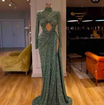 

Matcha Green Glitter Long Sleeve Split Evening Dresses 2020 High Neck Mermaid Women Party Gowns vestidos de fiesta de noche