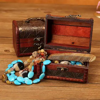 

1pc New Vintage Small Metal Lock Jewelry Treasure Chest Case Manual Wood Box Antique Storage Box Case