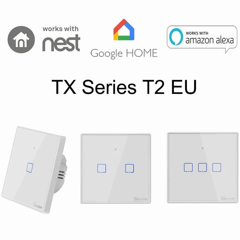 

Sonoff T2 1 2 3 Gang Smart WiFi Wall Light Switch Timer RF/APP/Touch Control EU Panel Home Automation Google Nest/Alexa