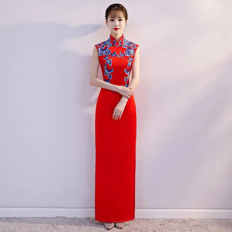 Вечерние Длинные Cheongsam в стиле ретро, сексуальное тонкое платье, свадебное платье в китайском стиле, модная женская одежда, Vestido - Цвет: Красный