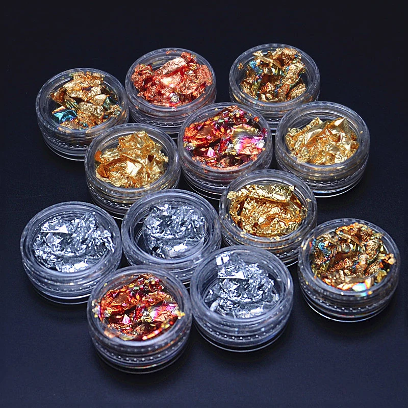 

12 Pot Foil Paillette Chip Flake Tips Polish Gel UV Design Transfer Sticker Decal Manicure Tool Set Gold Silver Nail Art Glitter