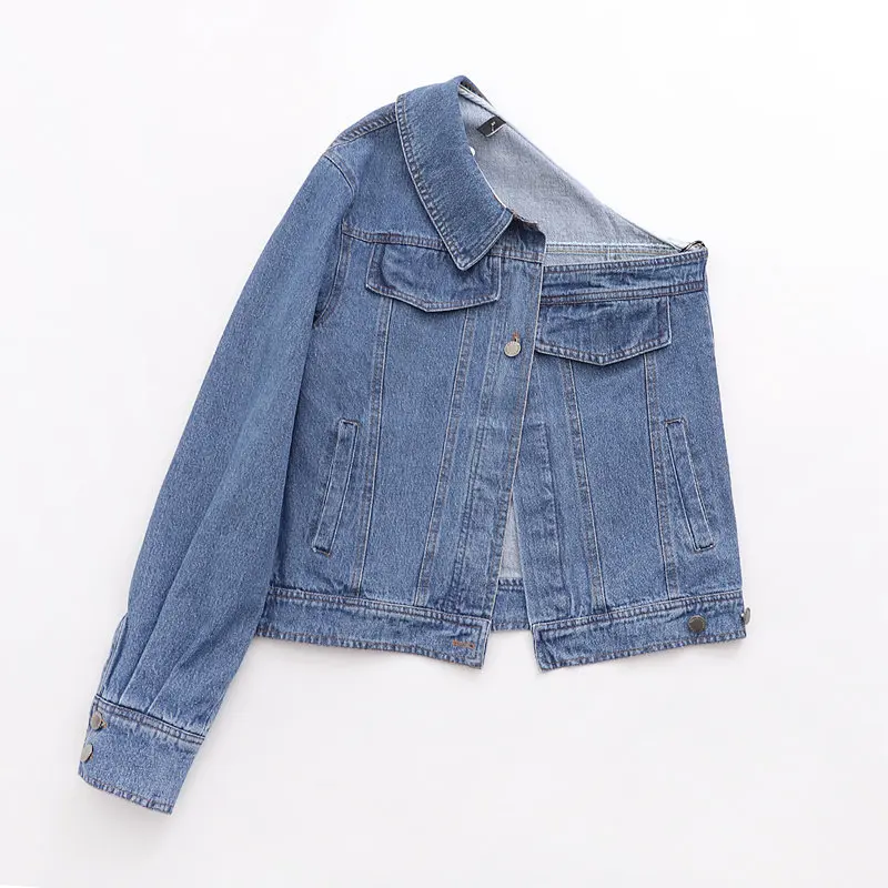 Увядший Подиум high street Винтаж одно плечо сексуальный жакет для женщин casaco feminino jaqueta feminina джинсовая куртка Женские топы - Цвет: Синий