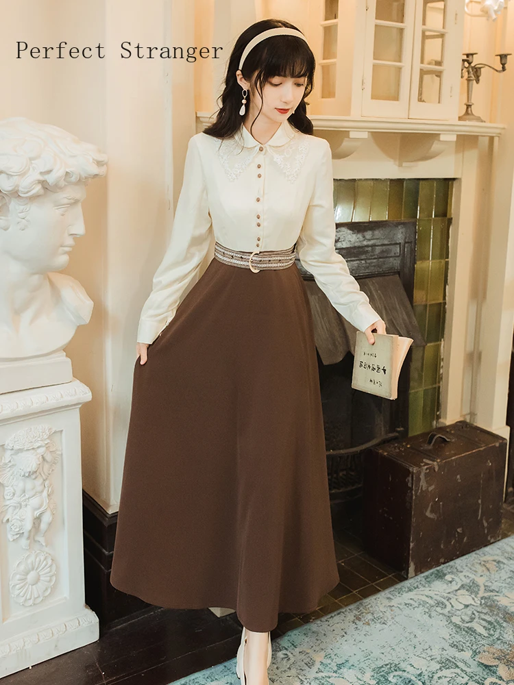 Retro Hot Sale High Quality Autumn New Arrival Peter Pan Collar Lace Color Block French Style Women Long Dress