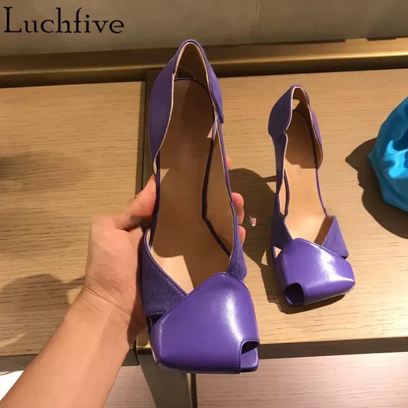 purple Летние босоножки из меха пони с квадратным носком; женская обувь с металлической пряжкой; черные туфли на высоком каблуке; женская обувь для подиума; Zapatos De Mujer - Цвет: purple
