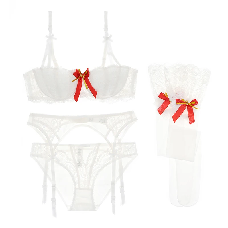 Varsbaby, сексуальный комплект нижнего белья с большим красным бантом, чашка 1/2, 4 шт., бюстгальтеры+ трусики+ подвязки+ чулки для женщин - Цвет: white