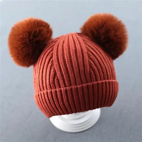 ORANGE RED Вязаная шапочка для малыша, хлопковая Детская кепка с двойным мехом для детей от 3 до 24 месяцев, теплая осенне-зимняя Шапка-бини для маленьких мальчиков и девочек - Цвет: ORANGE RED