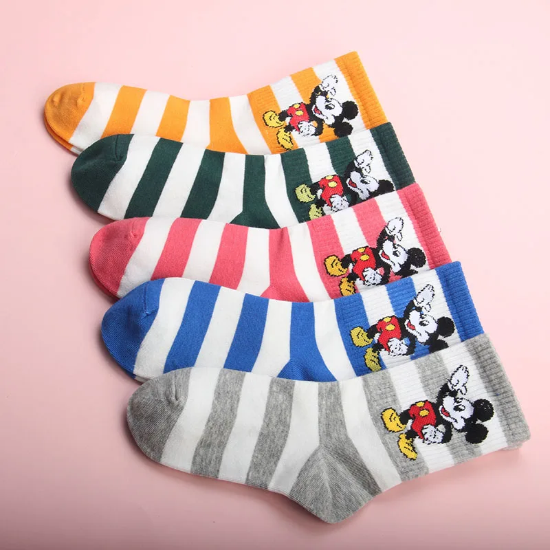 Disney/милые хлопковые носки; сезон весна-лето; модные носки в полоску с героями мультфильмов; Дышащие носки для маленьких девочек; 5 пар/лот; подходит для От 2 до 12 лет
