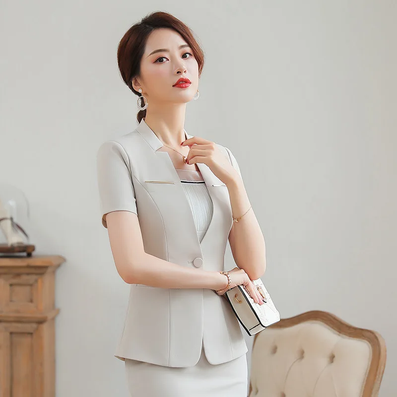 

Spring Summer New Style Lips Edge Pocket Short Sleeve Iron Piece Slim Fit a Buckle Small Suit Stand Collar Business WOMEN'S Over
