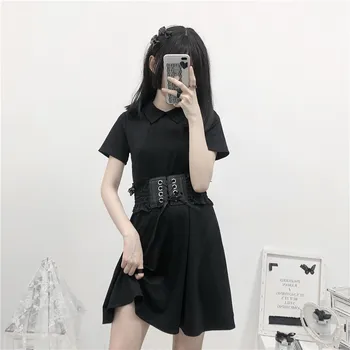 

Summer Women Vintage Dress Gothic Stree Fashion A Line Short Dress Harajuku Punk Retro Cosplay Party Lace Belt Shirt Dress Black
