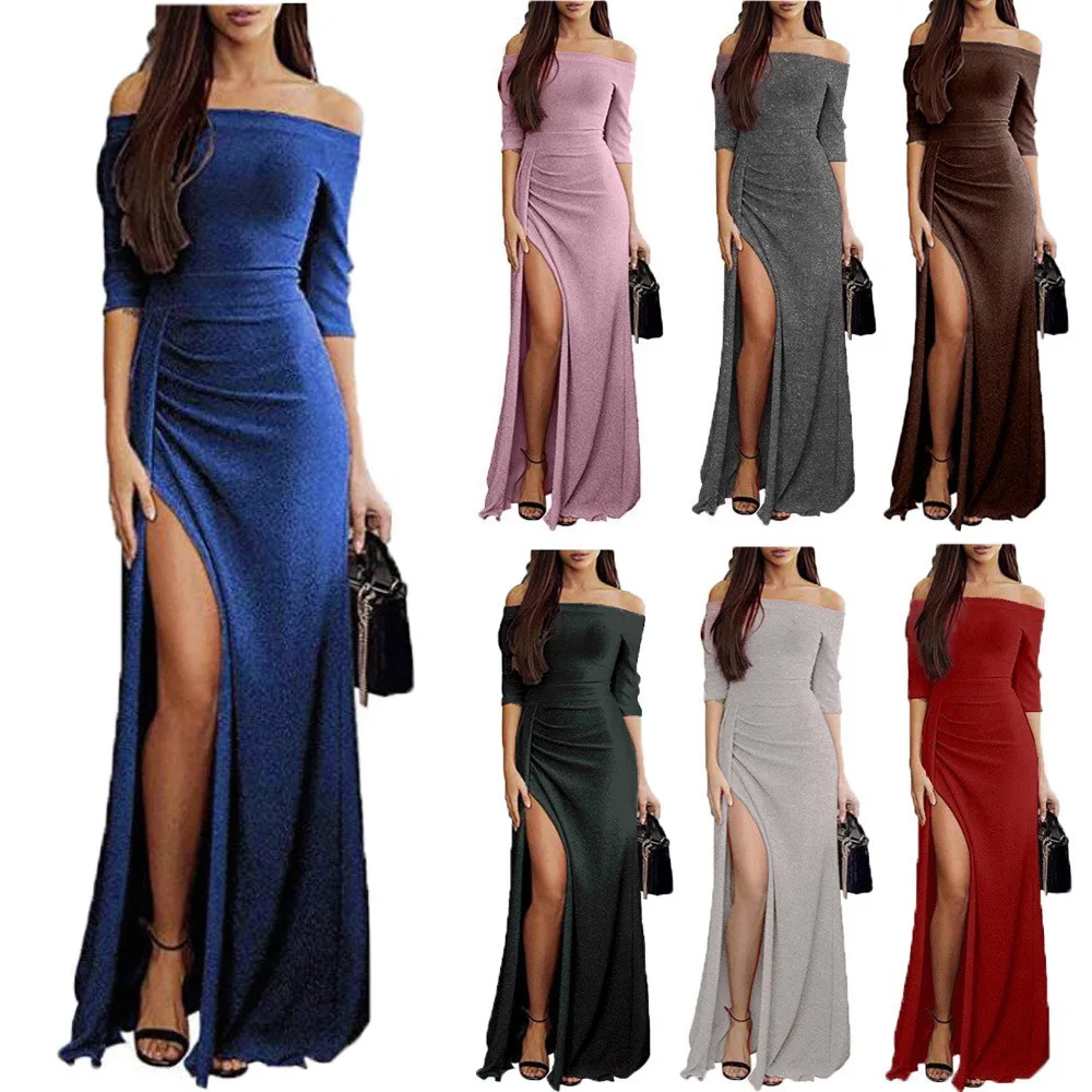 

EBay Women's Sheath Slit Horizontal Neck Dress Shiny Dress Dinner Dress Long Skirts