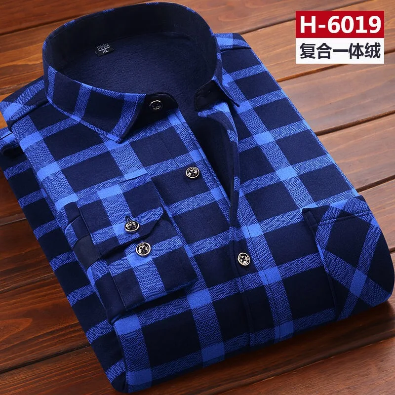 H-6019 QIHUANG зимние утолщенные теплые мужские рубашки модные тонкие мужские рубашки размера плюс L-5XL мужские рубашки - Цвет: H-6019