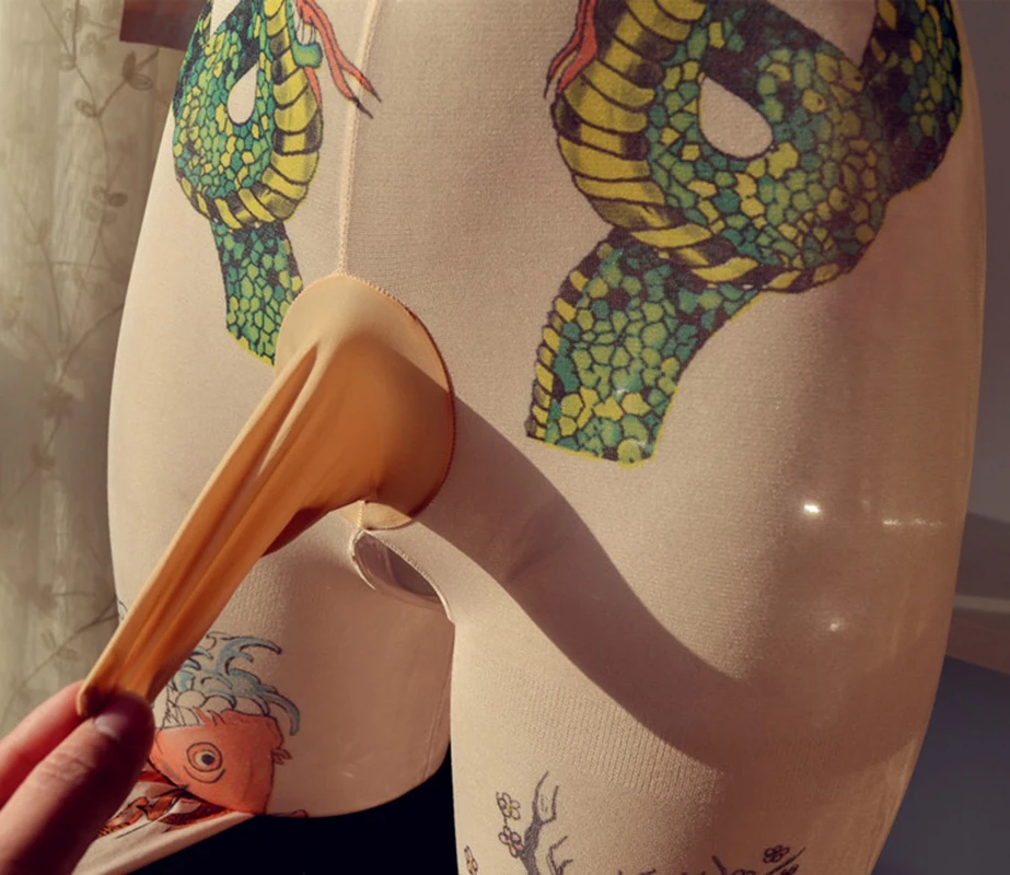 Мужской боди с принтом в стиле тату открытой промежностью цельные колготки