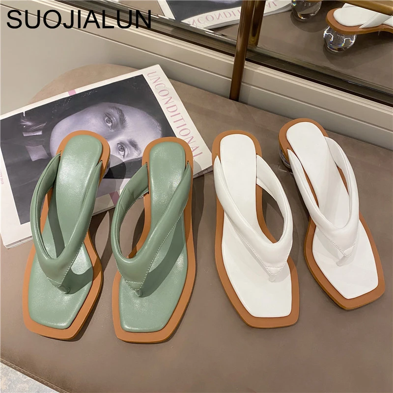 

SUOJIALUN New Brand Summer Flip Flops Slippers Clear Transparent Round Ball Heel Slippers Summer Outsides Beach Slides Sandal