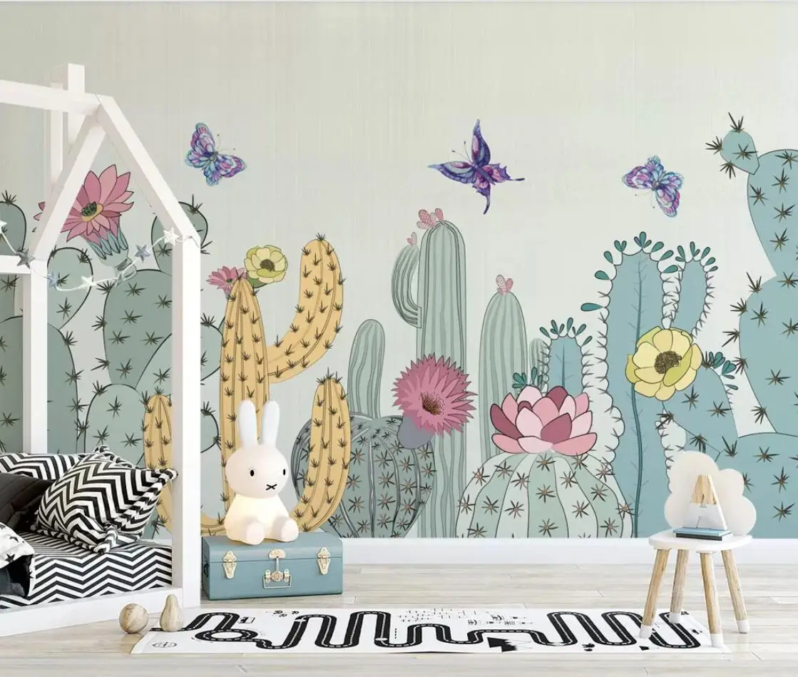 Flower Wallpaper Wall Mural HD Nordic Minimalist Cactus Butterfly Canvas Prints for Children's Kids Room Background 3d | Обустройство