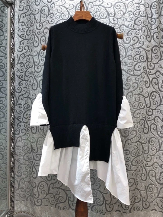 autumn Early new women's bow-neck dress 916 with irregular Patchwork and laced long sleeves