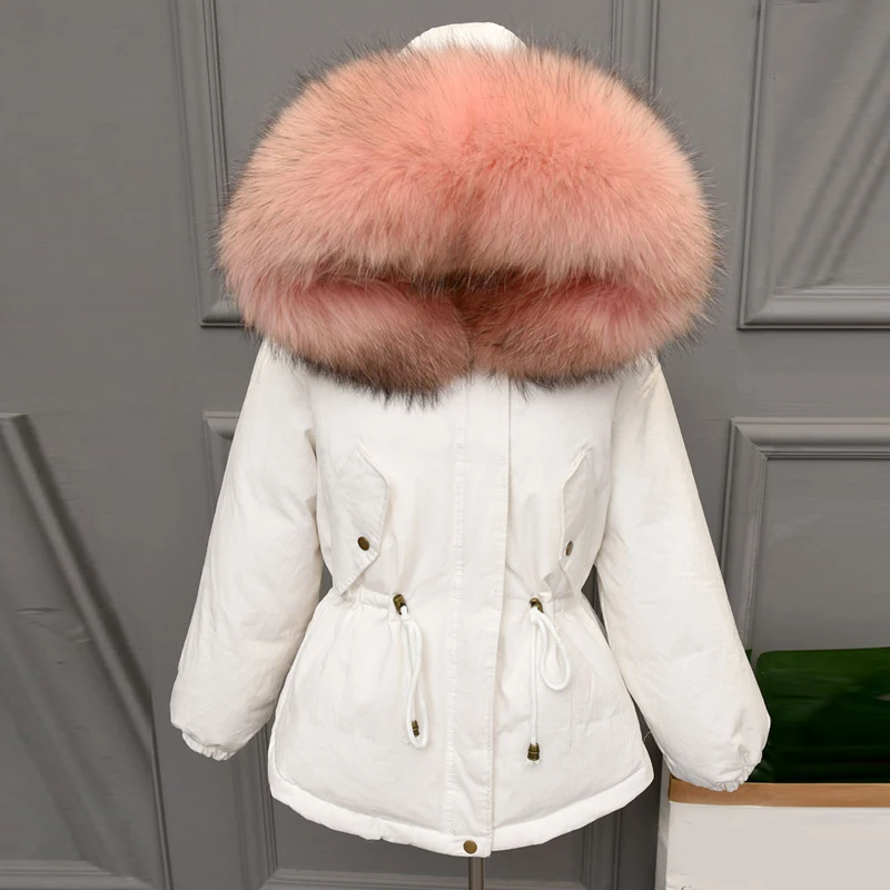 Новинка, плотное теплое зимнее повседневное пальто для женщин, натуральный мех, 90% белый утиный пух, парка с капюшоном, верхняя одежда, Женская куртка, Chaqueta Mujer