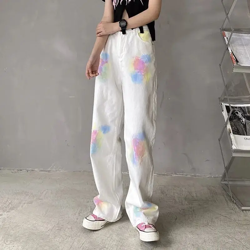 High Waist Wide Pants Graphic Jeans Woman Loose Straight Jeans Tie Dye Cute Denim Harajuku Pants Denim Trousers Casual y2k Jeans