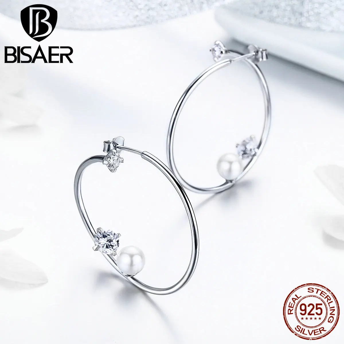 BISAER Горячая 925 пробы Серебряный Большой круг обруч серьги блестящая жемчужина для женщин круглый геометрический минималистский Свадебные украшения GAE074