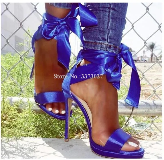 New Royal Blue Satin Lace-up Stiletto Heel Women Sandals Shoes Sexy Concise  Style Peep Toe High Heels Gladiator Sandals Lady - Women's Sandals -  AliExpress