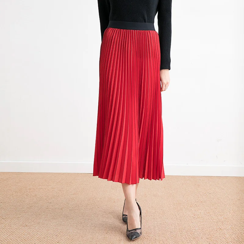 Pleated skirt women's long section spring and summer New Wild a-shaped stripe high waist temperament slim pleated skirt