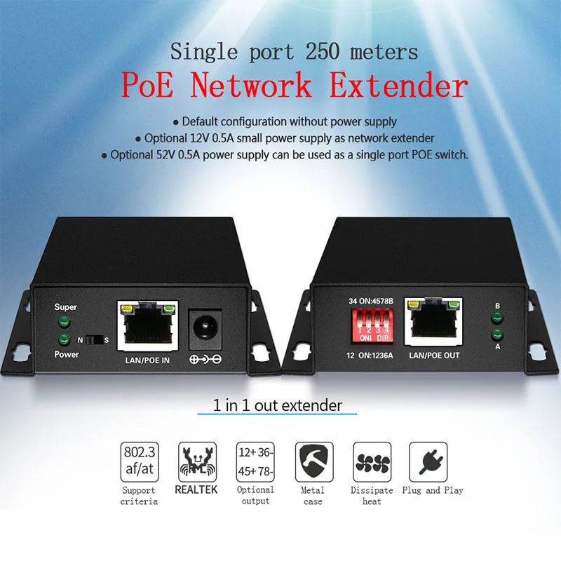 

PoE Network Ethernet Switch PoE Extender 250 meters with 1 port 10/100M Rj45 or input 2 port 10/100M Rj45 output