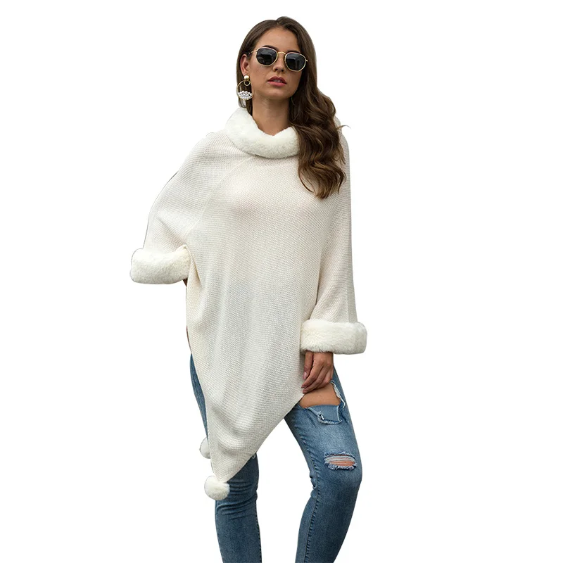 Luxury Brand Faux Fur Womens Poncho Wrap O-neck Fur Collar Female Shawl Solid Knit Scarves for Women Loose Batwing Sleeve Capes