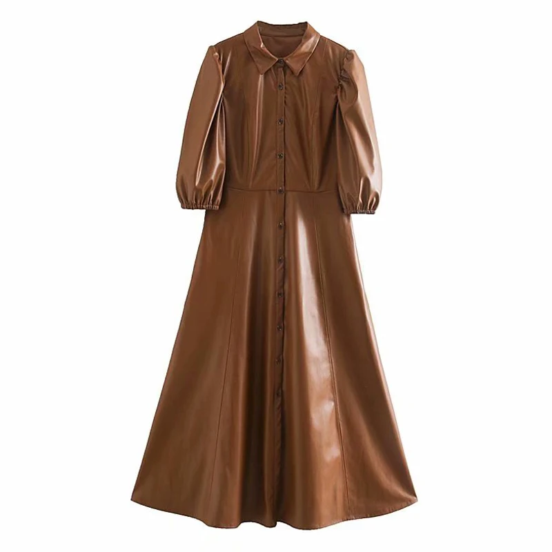 

Elina Solid PU Leather Dresses Women Fashion Half Sleeve Long Dress Women Elegant Turn Down Collar Dresses Female Ladies LZ