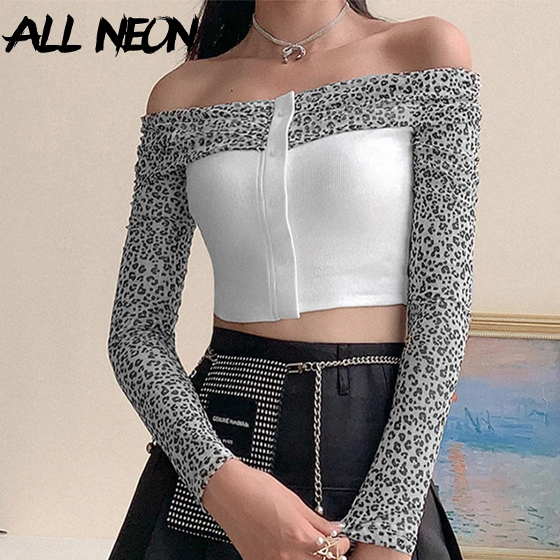 

ALLNeon E girl Sweet Patchwork Leopard Print Mesh Single-breasted Crop Tops Vintage Off Shoulder Long Sleeve White T-shirts 90s