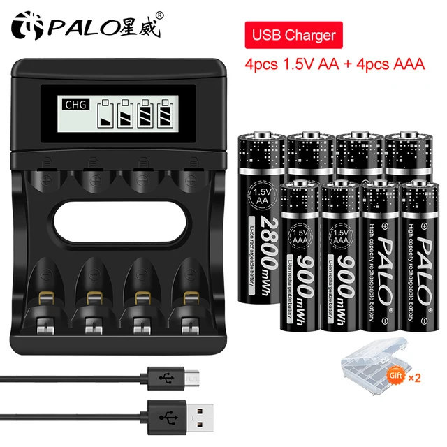 PALO 1.5V AA Li-ion Rechargeable Batteries+1.5v AAA Li-ion Rechargeable Batteries with LCD Smart 1.5V Lithium Battery Charger 4AA4AAA and charger